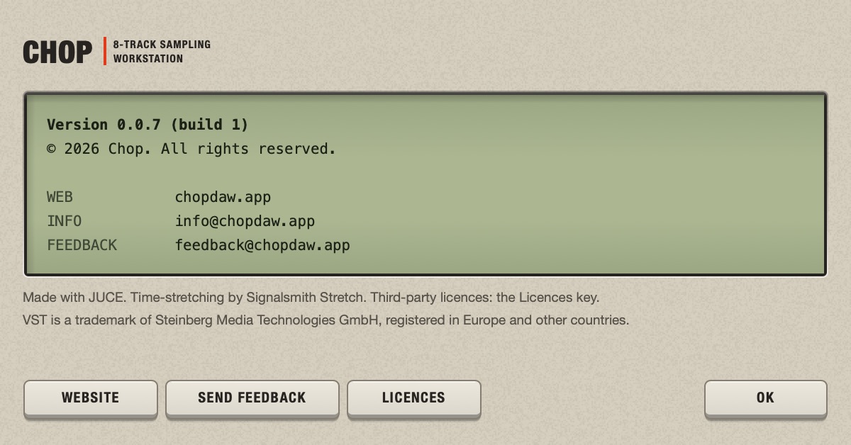 The About Chop window: the version and build number, the copyright, the website and the two addresses, the credits, and the keys Website, Send Feedback and Licences