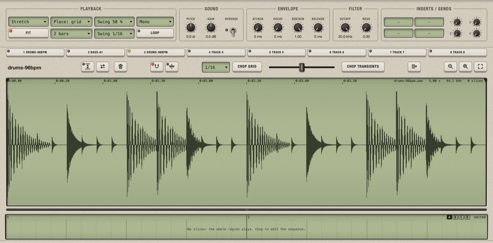 The same loop after Fit sample to 2 bars: Bars reads 2 bars and the waveform fills the whole width