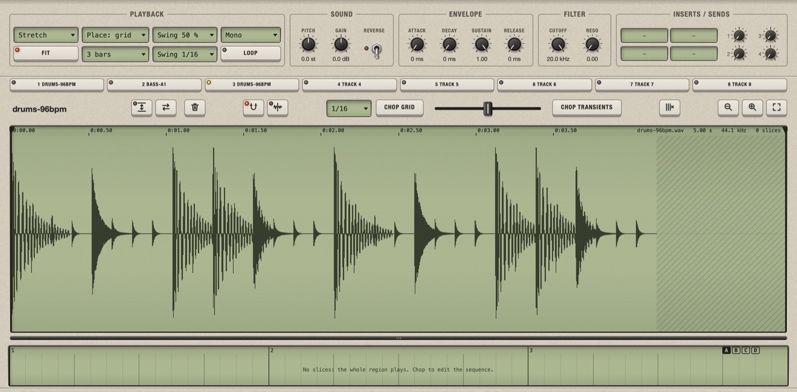 A drum loop loaded at 120 BPM: Bars reads 3 bars, the waveform ends before the third bar does and the rest is hatched