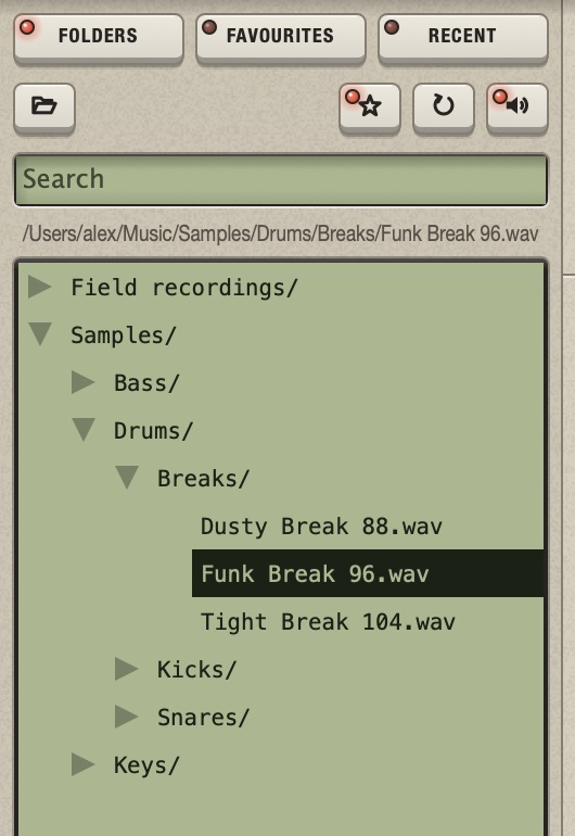 The sample browser on the Folders tab: the three tabs, the folder, star, refresh and preview keys, the search field, the path of the selected file, and two added folders with subfolders open down to a selected sample