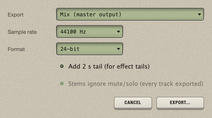The Export window: Export on Mix (master output), Sample rate, Format, the two options and the Cancel and Export... keys