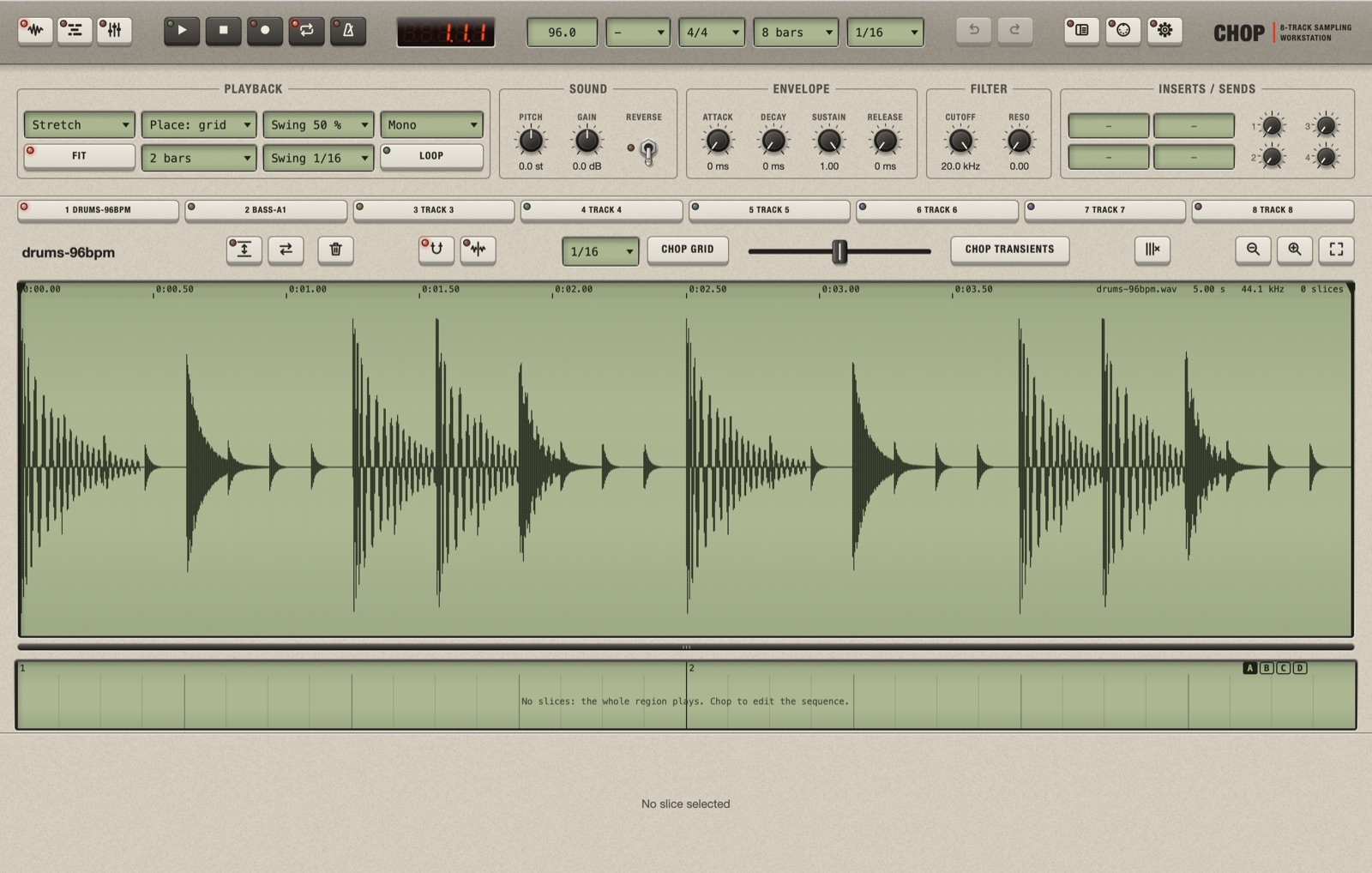 The Sample screen with a two-bar drum loop loaded in track 1 and no slices yet: Bars reads 2 bars, and the lane under the waveform says "No slices"
