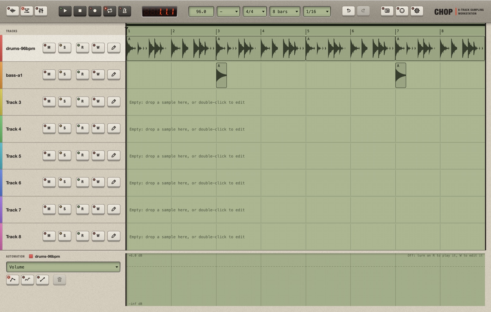 The Multitrack with four drum parts filling the eight bars of track 1, and the bass on track 2 at bars 3 and 7