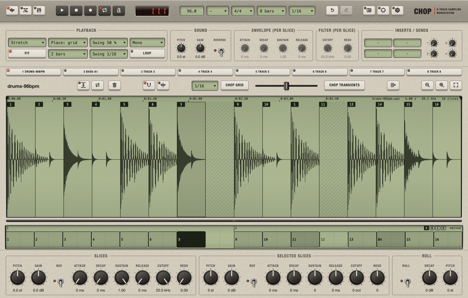 After the edits: a copy of block 3 selected (black), a copy of block 1 in bar 2, block 12 muted, block 8 moved over block 14, and the word "edited" at the right of the lane. The waveform shows the new order, with hatching where nothing plays