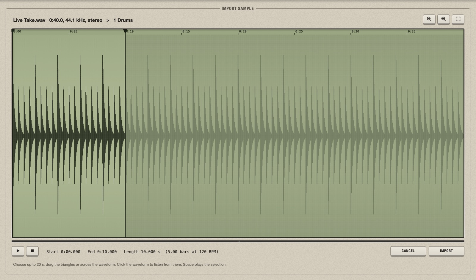The Import Sample page: a 40-second file, the first 10 seconds selected between two triangles, Play and Stop, the line with start, end, length and bars, and the Cancel and Import keys
