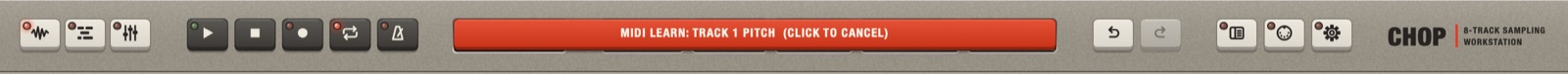 The toolbar while Chop waits for a controller: a red banner reads MIDI LEARN: TRACK 1 PITCH (CLICK TO CANCEL) in place of the position and the project fields