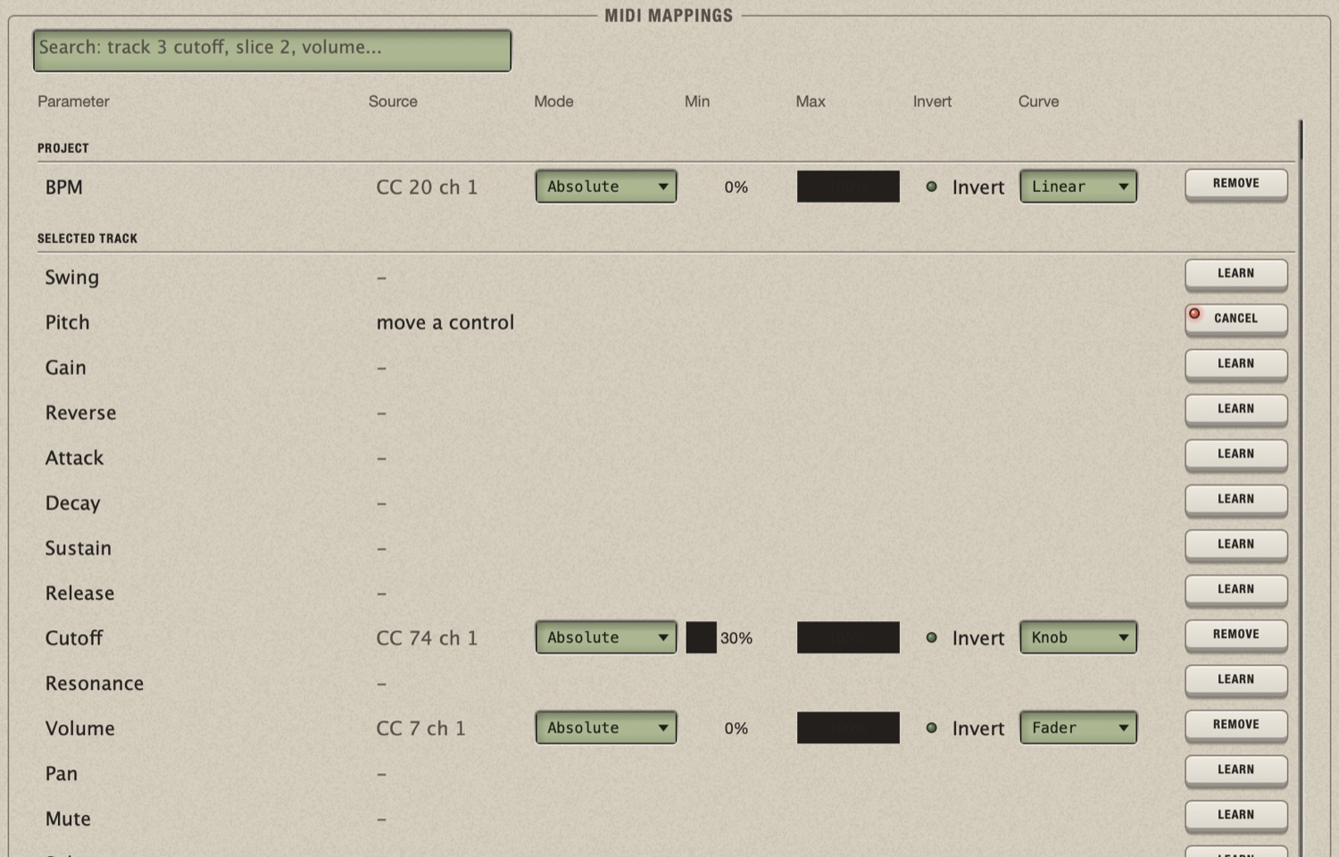 The MIDI Mappings page: the search field, the columns Parameter, Source, Mode, Min, Max, Invert and Curve; BPM, Cutoff and Volume are mapped and show their settings and a Remove key; Pitch is waiting ("move a control", Cancel); the others have a Learn key