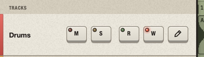 The row of the Drums track: its colour at the left edge, its name, then the keys M, S, R, W (lit) and the pencil