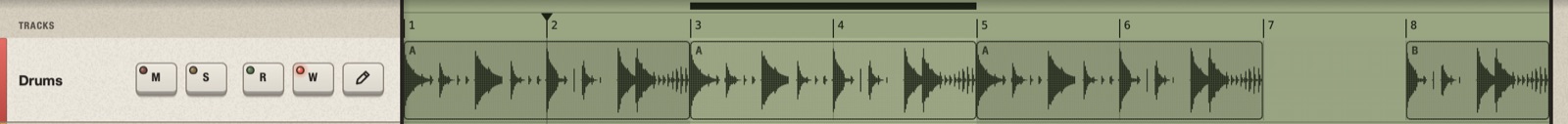 The top of the Multitrack: the loop range drawn over bars 3 and 4 on the strip, the ruler with the bar numbers, the cursor at bar 2 and the first track