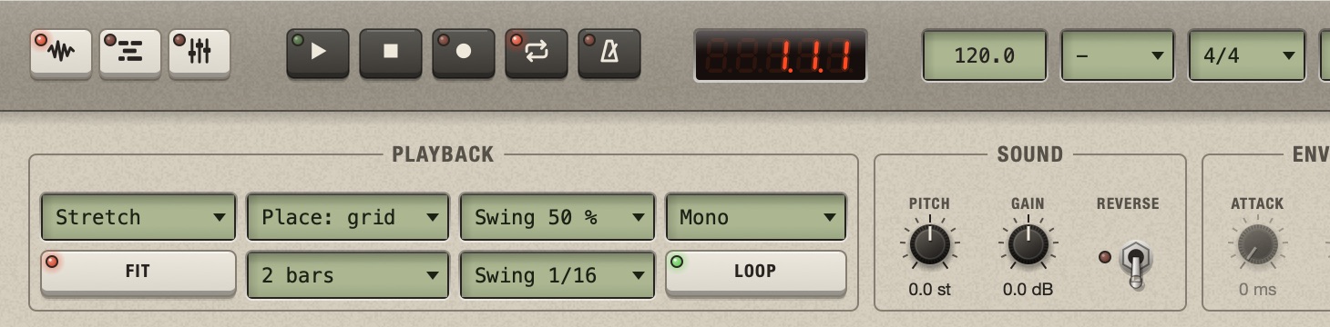 The top left of the Sample screen with both Loop keys on: the one in the toolbar and the one in the Playback group