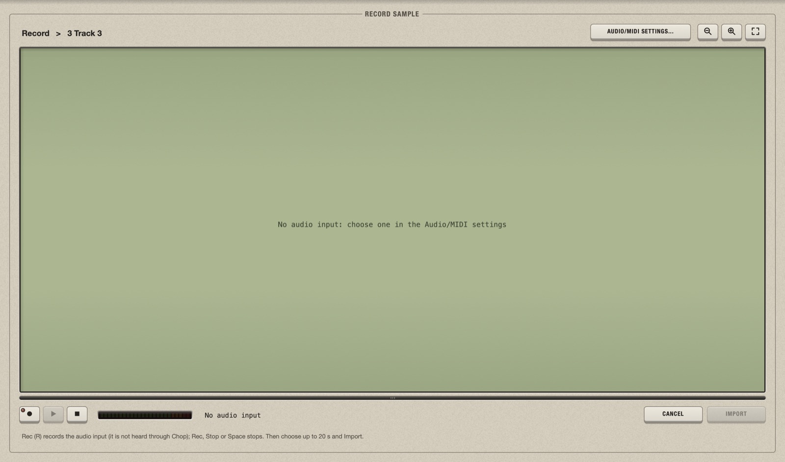 The Record Sample page before an input is chosen: the track the take will go to at the top, "No audio input: choose one in the Audio/MIDI settings" in the middle, the Audio/MIDI Settings... key, the Rec key and the level meter at the bottom
