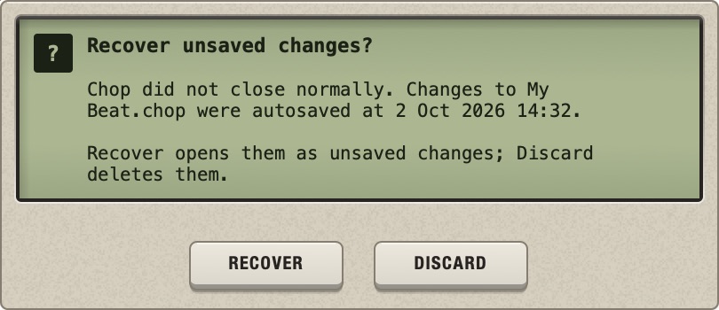 The Recover unsaved changes? window, with the name of the project, the time of the autosave and the keys Recover and Discard