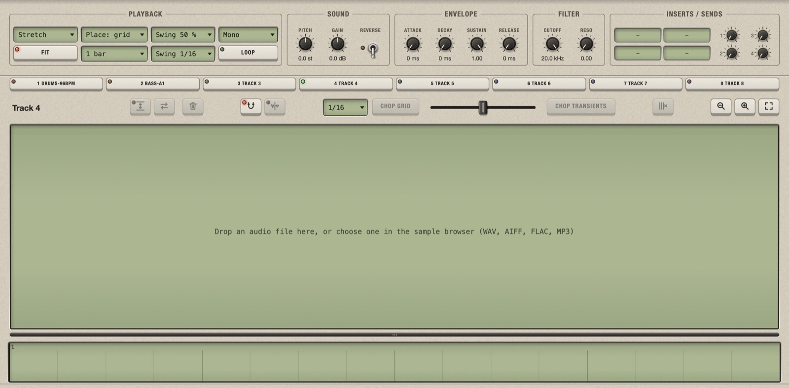 An empty track on the Sample screen: the waveform area asks for a file, the keys of the tool row are dimmed and the bottom panel reads "No slice selected"