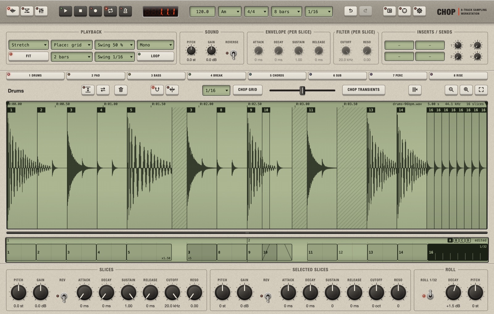 The Sample screen, from top to bottom under the toolbar: top panel, track tabs, tool row, waveform, lane of blocks, bottom panel