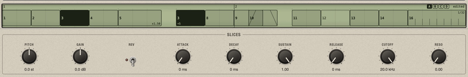 Slice 3 selected with the arrow keys: both blocks of slice 3 are black in the lane, and the bottom panel shows only the Slices group