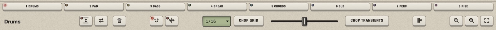 The track tabs and, under them, the tool row: track name, Normalize, Reverse, bin, magnet, slice tool, note-value menu with Chop grid, slider with Chop transients, clear slices and the three zoom keys