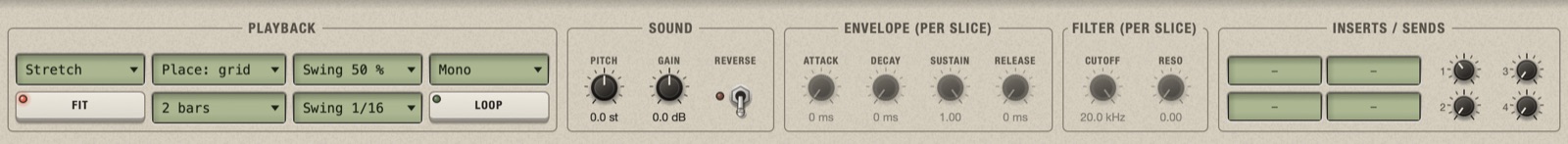 The top panel of the Sample screen: Playback, Sound, Envelope, Filter and Inserts / Sends