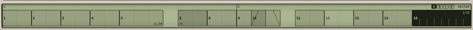 The lane of a two-bar pattern: bar numbers, numbered blocks, a stretched block marked x1.50, a block with +5, a crossfading block with slanted sides, a paler muted block, a rolled block with ticks, and A B C D with the word "edited"