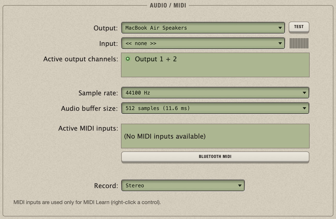The Audio / MIDI page: Output with its Test key, Input (none until you choose one) with its level meter, the active output channels, sample rate, buffer size, MIDI inputs, the Bluetooth MIDI key and Record