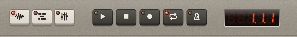 The left half of the toolbar: three screen keys, Play, Stop, Rec, Loop, metronome and the red position readout