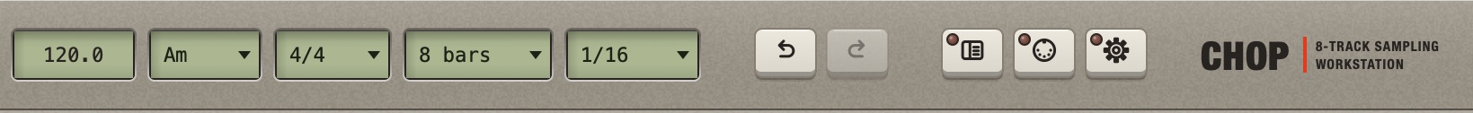 The right half of the toolbar: BPM, key, time signature, length, grid, undo and redo, browser, MIDI and gear