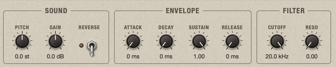 The Sound, Envelope and Filter groups of a track without slices: Pitch, Gain, the Reverse switch, Attack, Decay, Sustain, Release, Cutoff and Reso, all active