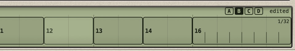 The right end of the lane with the letters A B C D: B is in a black box (the variation shown), the others are outlined (they exist)