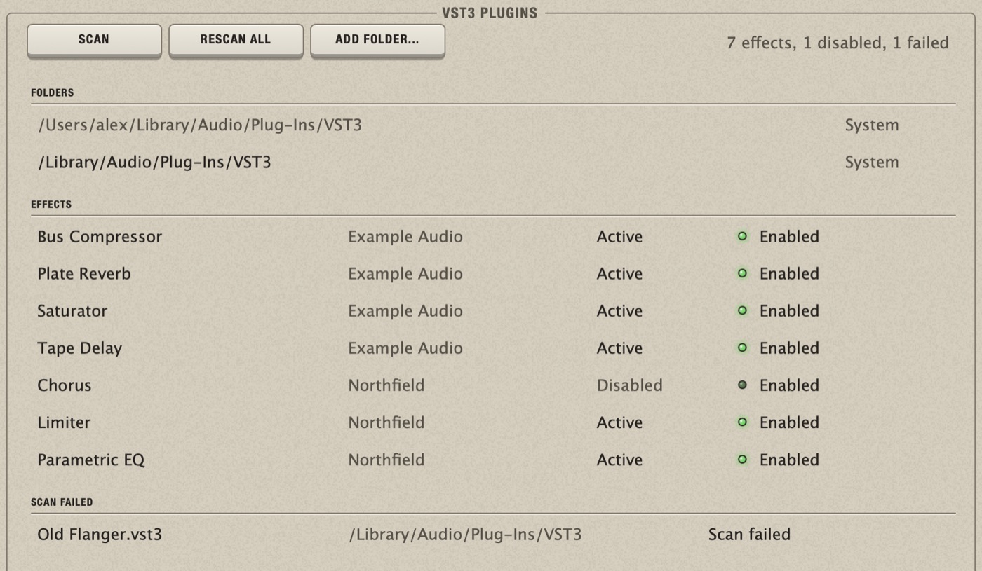 The VST3 Plugins page with an example list: the Scan, Rescan All and Add Folder... keys, the count of effects, two system folders, seven effects with their maker, state and Enabled switch (one is Disabled), and one file under Scan failed