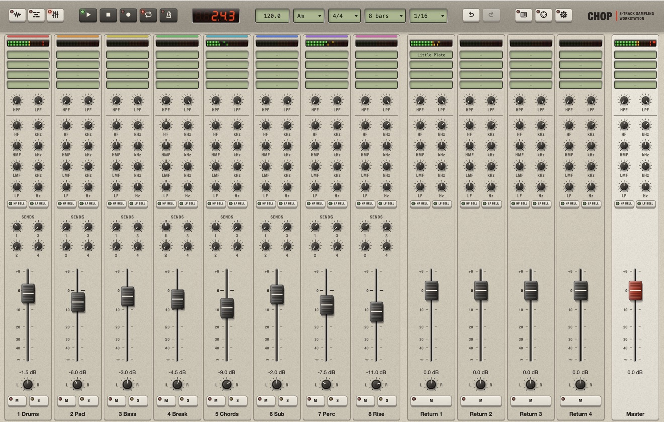 The Mixer screen: eight track strips, four returns and a master, each with meters, insert slots, EQ knobs, sends and a fader.